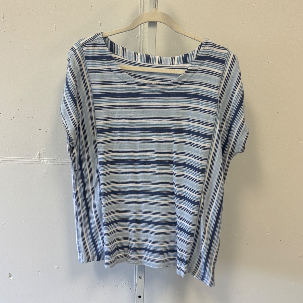 Lands End Womens Blue White Striped Short Sleeve Cotton Boxy Top T-shirt Size M